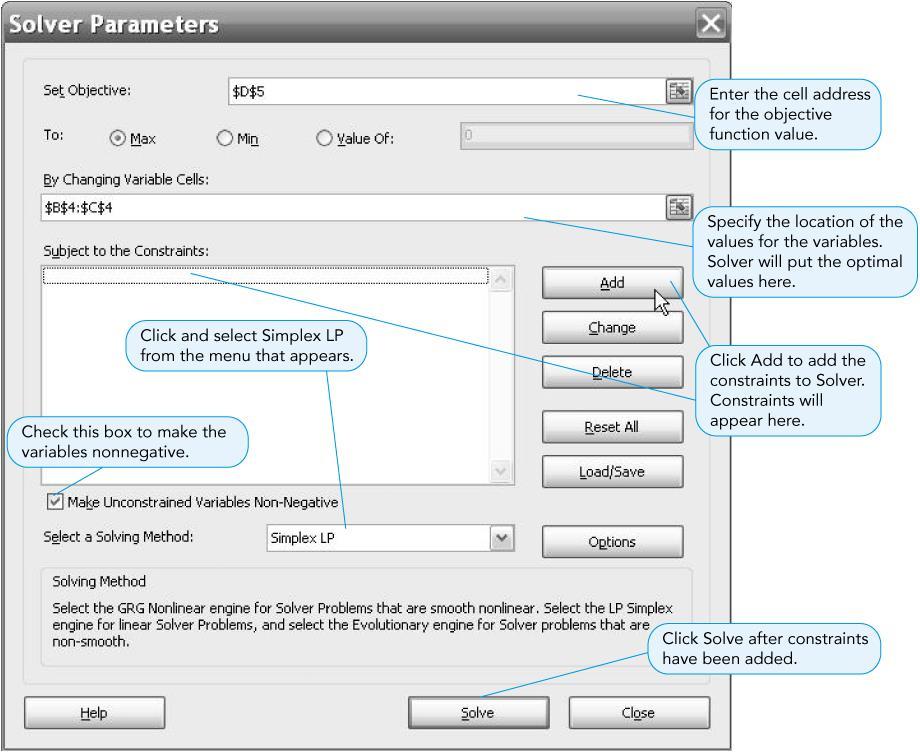 Using Solver to Solve the Flair Furniture Problem Solver Parameters Dialog Box