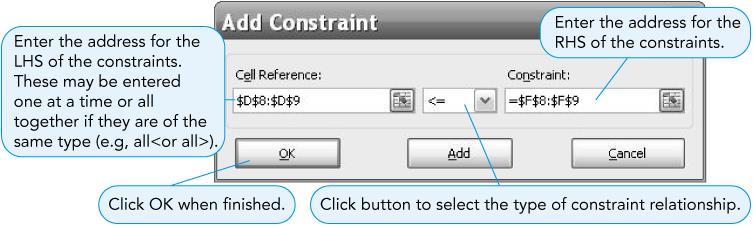 Using Solver to Solve the Flair Furniture Problem Solver Add Constraint Dialog Box