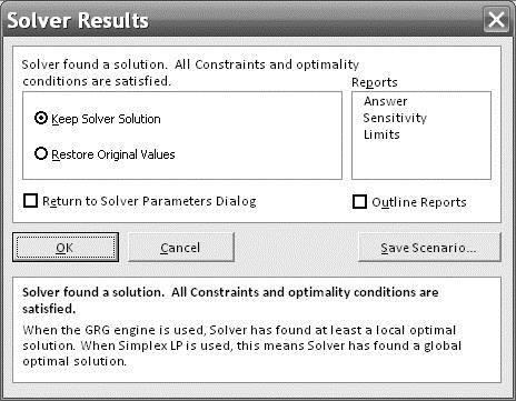 Using Solver to Solve the Flair Furniture Problem Solver Results Dialog Box