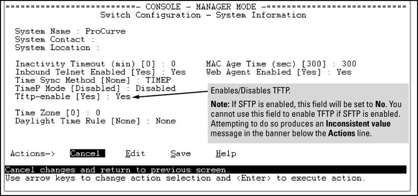 Figure 42 Using the Menu interface to disable TFTP While SFTP is enabled, TFTP and auto-tftp cannot be enabled from the CLI.