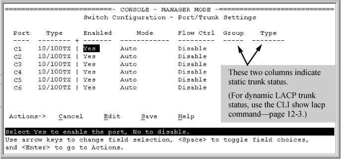 This procedure uses the Port/Trunk Settings screen to configure a static port trunk group on the switch. 1. Follow the procedures in the preceding IMPORTANT note. 2. From the Main Menu, select: 2.