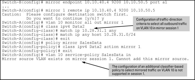 Figure 181 Mirroring configuration in which only traffic-selection criteria are supported About applying multiple mirroring sessions to an interface You can apply a mirroring policy to an interface