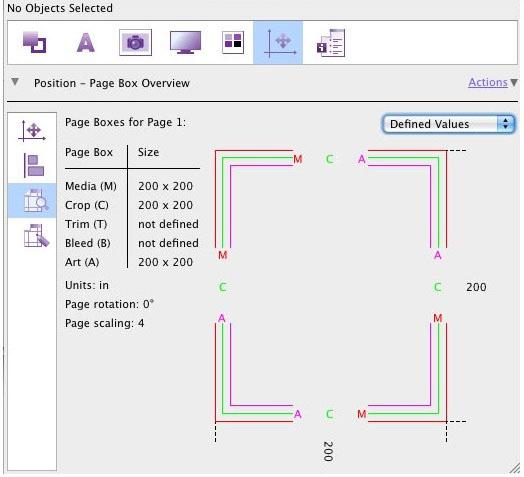 To view the size of the page boxes 1. 2. Click the Show Inspector button to display the Enfocus Inspector. Choose >.