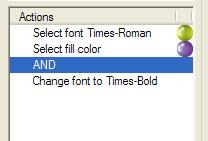 In the example above, the selected "OR" operator affects the "Select font Times New Roman" action (purple) and the combination of the first two lines and their "OR" operator (green).