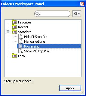 5.5 Workspaces A workspace allows you to customize s user interface (for example by showing or hiding Enfocus panels), so you can see as much or as little of it as you want.