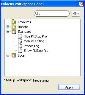 In the Tools pane - PitStop View panel, click the arrow beside the Enfocus Workspace button and select Apply Workspace > <the name of the workspace to use>.