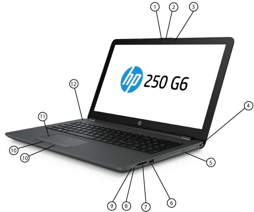 HP 250 G6 Notebook PC Overview Right 1. Webcam LED 7. SD Card slot 2. Webcam 8. Hard drive indicator LED 3. Microphone 9. Power indicator LED 4.