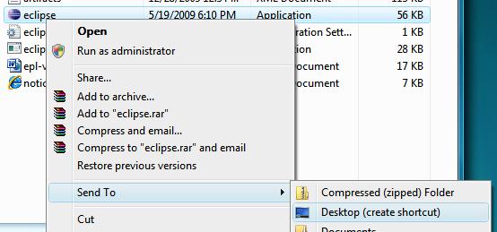Page 10 of 19 Step 3: Inside the Eclipse folder right-click on the eclipse.exe file and select Send to -> Desktop (create shortcut). Figure 9: Step 3 Installing Eclipse 2.