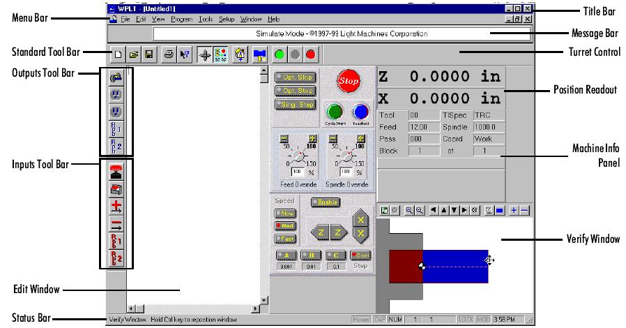 3-6 ProLight CNC Turning Control Software The Control Program interface (figure 3-11) is composed of several components that allow you to create NC part programs and interact with the Turning Center.