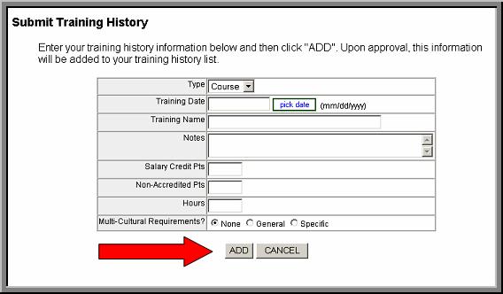 Step 3 Select any additional session(s) for training history and click the Add link to add the record. Click Cancel to exit without adding any items.