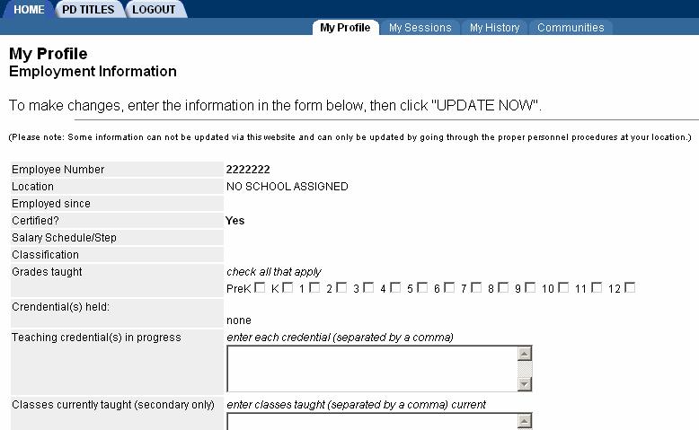 Step 4 STI PD Information access allows you to make any changes using this form. Click the Update Now button to submit changes. The user may also choose to Cancel without saving the changes.