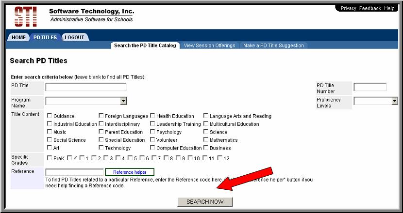 Step 3 Enter search criteria in the data fields provided and click the Search Now button to proceed with the search. To view all PD Titles, leave the data fields blank.