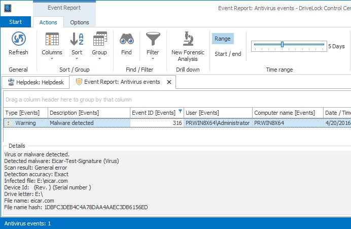 Event Reports Open the DriveLock Control Center and navigate to Event report Open the report Antivirus Events For detailed information about the DriveLock Management