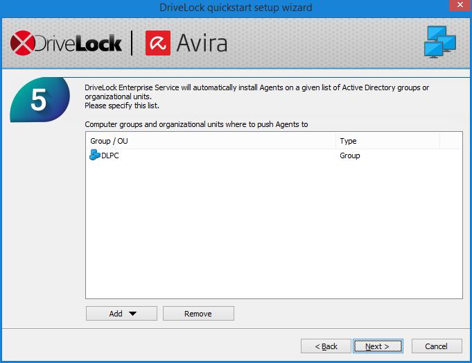 Step 5: Configure push installation. Add groups and/or OUs from the Active Directory (AD), where the DES automatically shall install the Drivelock Agent and assign the default company policy.