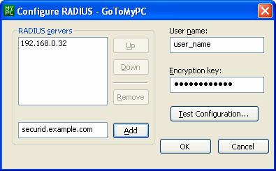 6. On the Configure RADIUS dialog window, enter the RADIUS encryption key (the encryption key you entered when you created an Agent Host entry for this PC in the RADIUS database).