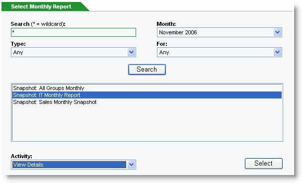 To run a monthly report 1. Search for the monthly report you would like to run using the search fields provided. Reports can be filtered by user, group, time period and type of report. 2.