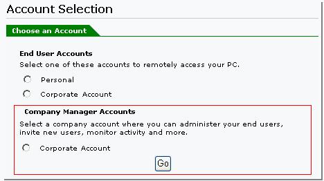 3. On the Account Selection page, in the Company Manager Accounts section, select your administrator account and click Go.