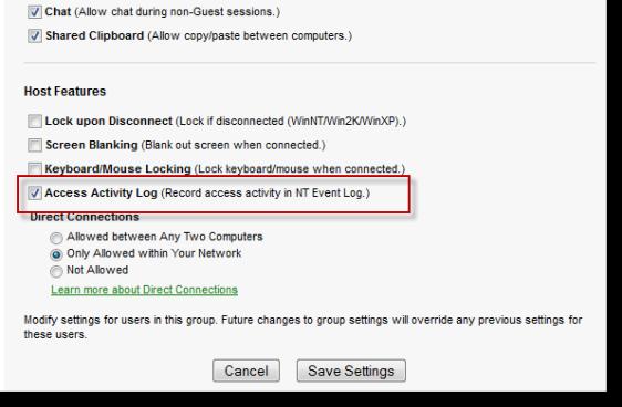 Access Activity Log The Access Activity Log feature can be used to store a record of session events on the host PC s Windows NT-Event Log.