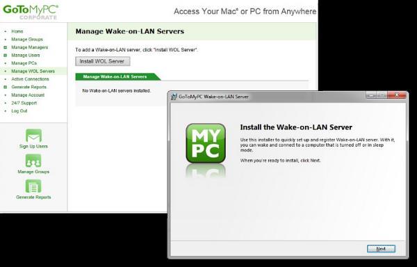 Set Up Wake-on-LAN Set up WOL servers (Windows only) First, the corporate admin should install the GoToMyPC WOL server on 1 or more computers within all subnets of the company.