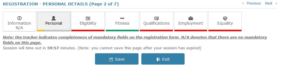 Fig 7.3 Applicant registration pages Registration is considered complete when all mandatory fields have been completed in the Applicant Registration form.