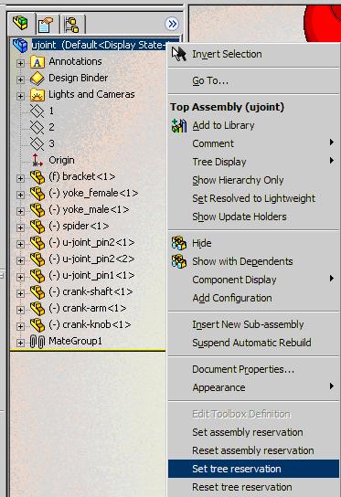 Tree Reservation Note For assemblies it is possible to reserve either a single part or a complete tree using the context menu of the FeatureManager design tree in Solid Works. 1.