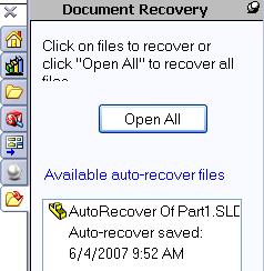 Document Recovery If auto recovery is initiated in the System Options section and the system terminates unexpectedly with an active document, the saved information files are available on the Task