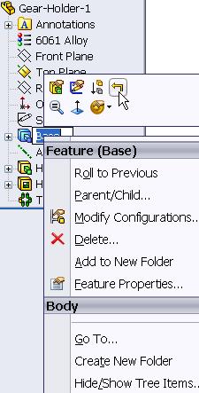 Rollback bar in the FeatureManager. Roll to Previous command from the Feature dialog box. Roll to Previous command from the Pop-up shortcut toolbar.