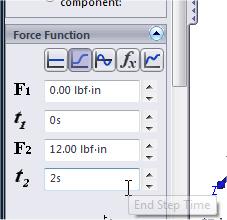 Scroll down in the PropertyManager, and select Step as the type of Force Function.