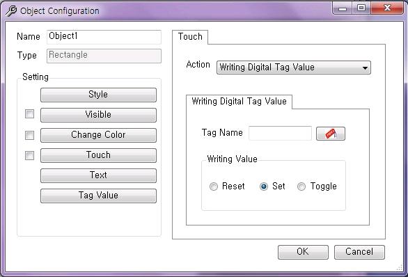 Monitoring Controlling Window The user can set up Tag Name and Writing Value.