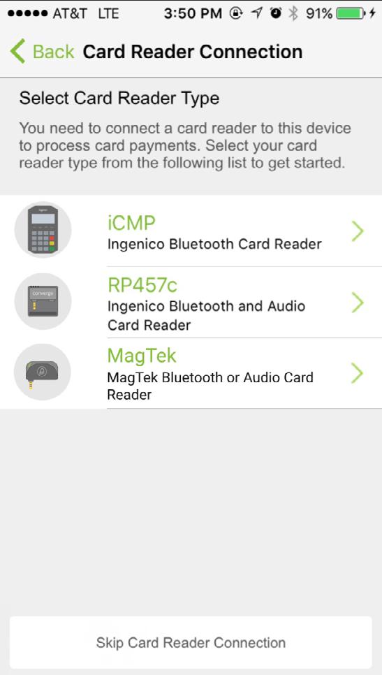 Click on the Menu button on the top right corner of your Converge Mobile screen. 2. Select Card Reader Connection from the menu options. 3.