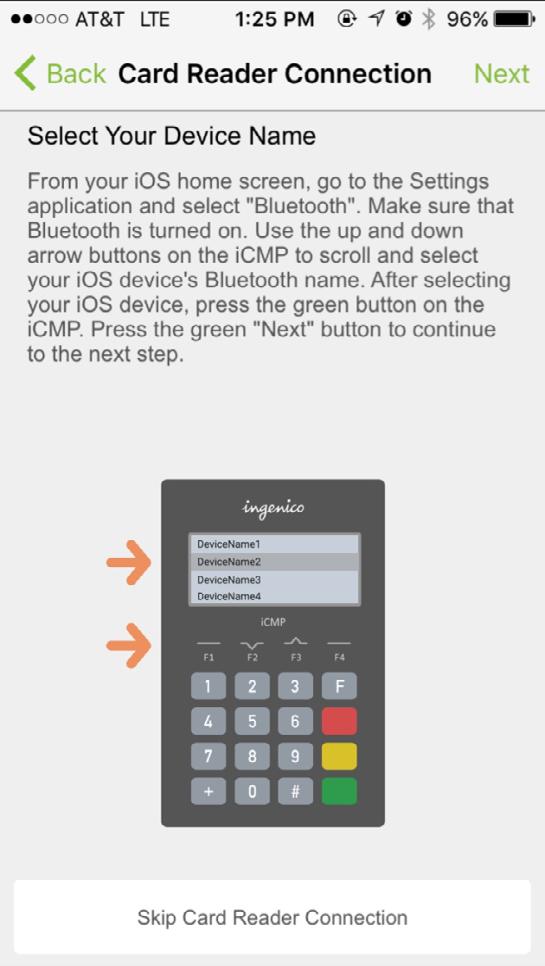 5. Now return to your icmp PIN pad, you should see a list of Bluetooth devices