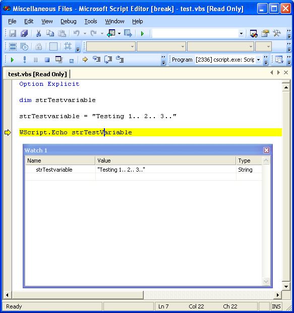 Visual Studio (2005 or 2008) Debugger Visual Studio is a very nice application development environment that also includes debugging features that Windows Scripting Host (WSH) interpreter can use.