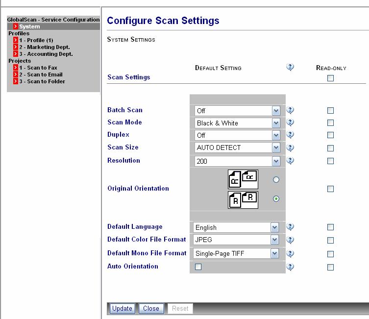 E. Configure Scan Settings Service The Scan Settings service enables you to set the MFD s default scan parameters, e.g., resolution, file format, etc.