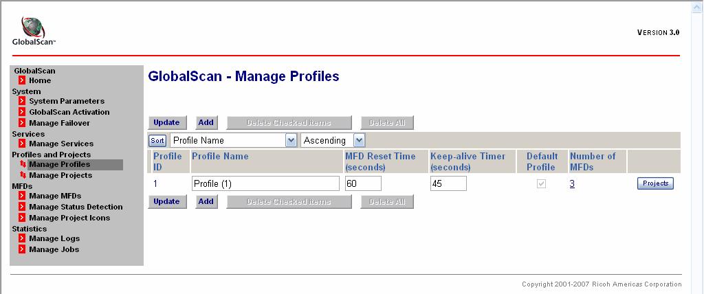 Step 3: Add/Edit a Profile A profile defines GlobalScan parameters for the MFDs, such as the Profile Name, MFD Reset Time, etc.