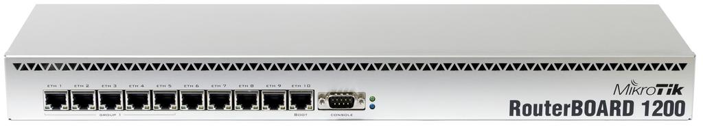 RB1200 The new and affordable rackmount router. It has ten individual gigabit ports, five of them can be connected together in one 5-port switch group.
