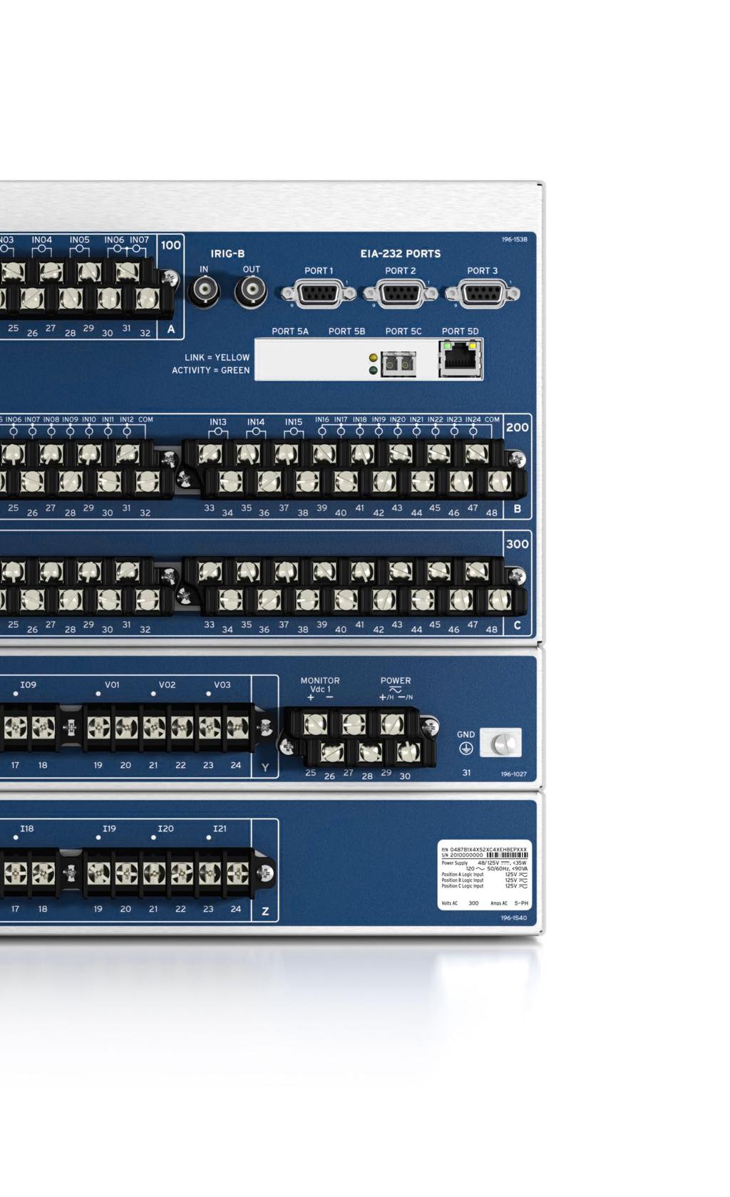 Use one front and three rear EIA-22 ports for Mirrored Bits communications, DNP, SCADA, and engineering access.