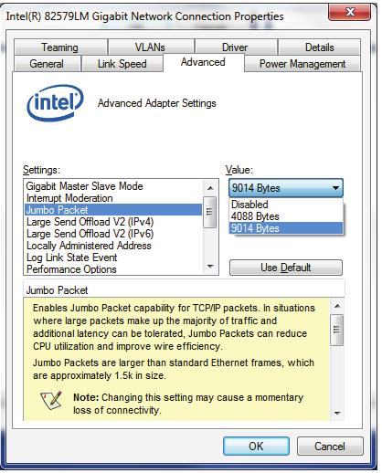 About Jumbo Packets: Packet Size/MTU (Maximum Transmission Unit) The menu below shows the network adapter settings for the Jumbo Packet parameter. By default the adapter driver disables jumbo packets.