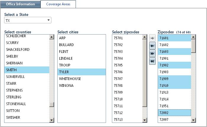 Managing Coverage Areas Click Coverage Areas. Coverage Areas Select an office and then click the coverage area tab to display the coverage areas for that office.