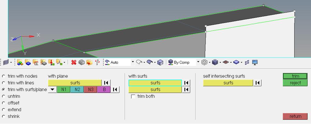 Step 6: Trim & Delete Surfaces 1. For surfaces that extend over an edge, trim the unwanted surface by clicking Geometry > Edit > Surfaces > Trim with Plane/Surfaces 2.