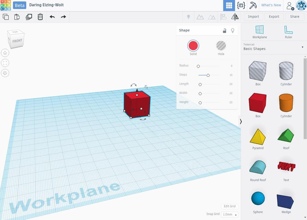 Moving around TinkerCad 1. Drag a square into the scene from the Tool Bar panel on the right. 2. Turn by right clicking and moving the mouse. 3. Zoom by scrolling your mouse wheel. 4.