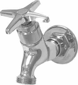 P0 Single Sink Fitting, Wall Mount P0 Specification: Commercial grade single sink fitting with colour indexed metal cross handle, Dial-ese cartridge, /" hose connection, and wall flange.