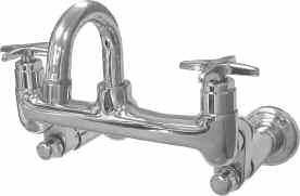 P0 Sink Fitting With Gooseneck, WM P0 Specification: Commercial grade wall mount sink fitting complete with rigid gooseneck spout featuring colour indexed metal cross handles, Dial-ese cartridges and