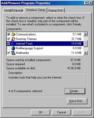 2. The Add/Remove Programs Properties window is displayed. 3. Click Windows Setup tab. A list of windows components is displayed. 4. Locate and click the Internet Tools component as shown in Figure 8.