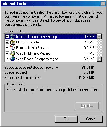6. Click the check box to the left of the Internet Connection Sharing. Figure 9: Selecting Internet Connection Sharing for Windows 98 SE 7. Click OK at the bottom of the window.