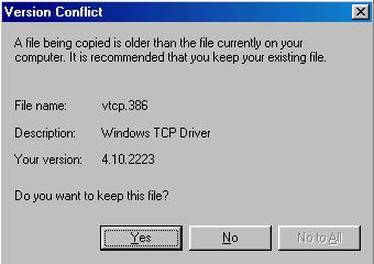 Note: During the installation of the Internet Connection Sharing component, a Version Conflict dialog box may appear.