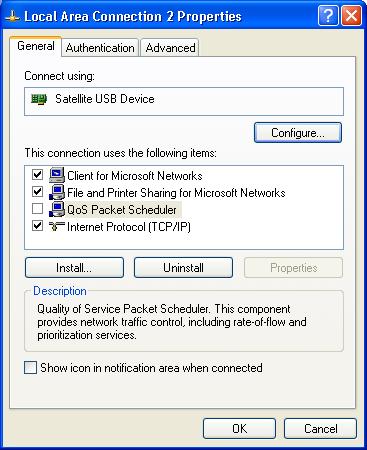 4. Right-click on the Local Area Connection icon that corresponds with the Satellite USB Device and select Properties.