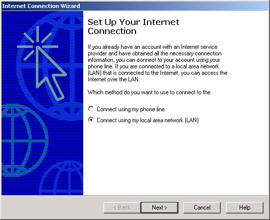 2. Select Connect using my local area network (LAN) and click Next.