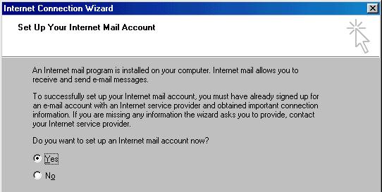 10. Select Yes to set up an Internet e-mail account and click