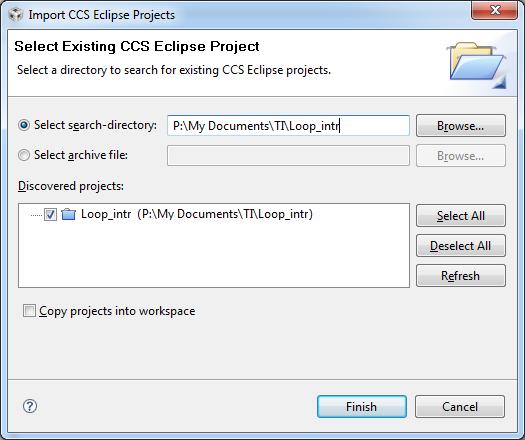 If all was correct, CCS finds the template and the dialog should look like below. After this, there is a project tree at the left edge of the desktop (see below).