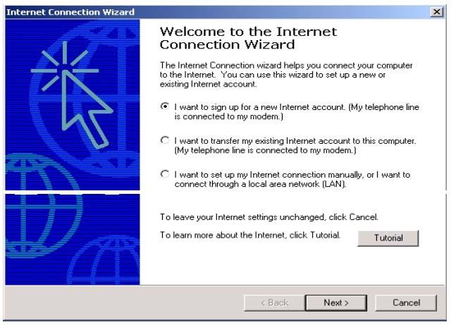 Internet Access Configuration (continued) Select I want to set up my Internet connection manually, or I want to connect through a local Area network (LAN) and click Next.